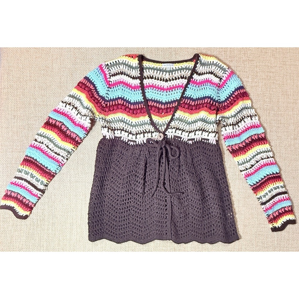 Boston Proper Crochet Knit Cardigan Multicolor Festival Grannycore Babydoll Boho